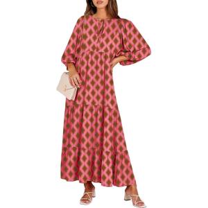 ANRABESS Womens Boho Maxi Dresses 2025 Summer V Neck Puff Sleeve Floral Flowy Swing Fall Casual Long Dress(Pink)