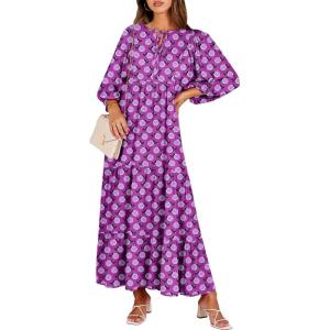 ANRABESS Womens Boho Maxi Dresses 2025 Summer V Neck Puff Sleeve Floral Flowy Swing Fall Casual Long Dress(Purple)