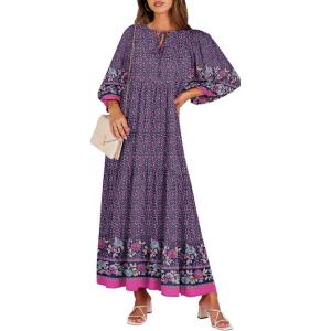 ANRABESS Womens Boho Maxi Dresses 2025 Summer V Neck Puff Sleeve Floral Flowy Swing Fall Casual Long Dress(Purple Floral)