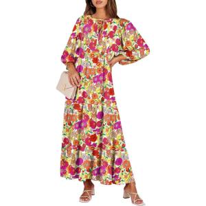 ANRABESS Womens Boho Maxi Dresses 2025 Summer V Neck Puff Sleeve Floral Flowy Swing Fall Casual Long Dress(Purple Orange Floral)