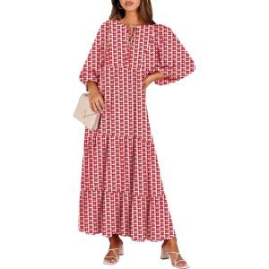 ANRABESS Womens Boho Maxi Dresses 2025 Summer V Neck Puff Sleeve Floral Flowy Swing Fall Casual Long Dress(Red Floral)
