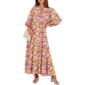 ANRABESS Womens Boho Maxi Dresses 2025 Summer V Neck Puff Sleeve Floral Flowy Swing Fall Casual Long Dress(Red Floral Yellow)