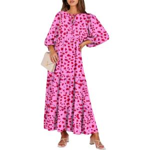 ANRABESS Womens Boho Maxi Dresses 2025 Summer V Neck Puff Sleeve Floral Flowy Swing Fall Casual Long Dress(Rose Red Floral)