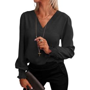 ANRABESS Women’s Business Casual Tops V Neck Puff Long Sleeve Shirts Dressy Office Work Blouse 2025 Fall Outfits Clothes(Black)