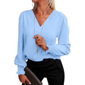 ANRABESS Women’s Business Casual Tops V Neck Puff Long Sleeve Shirts Dressy Office Work Blouse 2025 Fall Outfits Clothes(Bright Bblue)