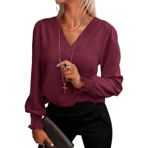 ANRABESS Women’s Business Casual Tops V Neck Puff Long Sleeve Shirts Dressy Office Work Blouse 2025 Fall Outfits Clothes(Burgundy Wine Red)