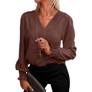 ANRABESS Women’s Business Casual Tops V Neck Puff Long Sleeve Shirts Dressy Office Work Blouse 2025 Fall Outfits Clothes(Coffee)