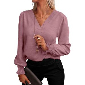 ANRABESS Women’s Business Casual Tops V Neck Puff Long Sleeve Shirts Dressy Office Work Blouse 2025 Fall Outfits Clothes(Dusty Rose)