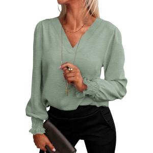 ANRABESS Women’s Business Casual Tops V Neck Puff Long Sleeve Shirts Dressy Office Work Blouse 2025 Fall Outfits Clothes(Light Green)