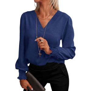 ANRABESS Women’s Business Casual Tops V Neck Puff Long Sleeve Shirts Dressy Office Work Blouse 2025 Fall Outfits Clothes(Navy Blue)