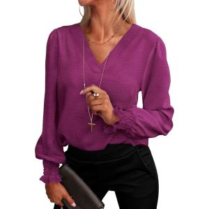 ANRABESS Women’s Business Casual Tops V Neck Puff Long Sleeve Shirts Dressy Office Work Blouse 2025 Fall Outfits Clothes(Purple Red)