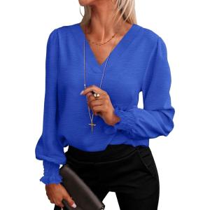 ANRABESS Women’s Business Casual Tops V Neck Puff Long Sleeve Shirts Dressy Office Work Blouse 2025 Fall Outfits Clothes(Royal Blue)