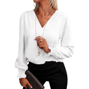 ANRABESS Women’s Business Casual Tops V Neck Puff Long Sleeve Shirts Dressy Office Work Blouse 2025 Fall Outfits Clothes(White)