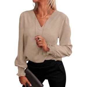 ANRABESS Women’s Business Casual Tops V Neck Puff Long Sleeve Shirts Dressy Office Work Blouse 2025 Fall Outfits Clothes(Yellow Khaki)