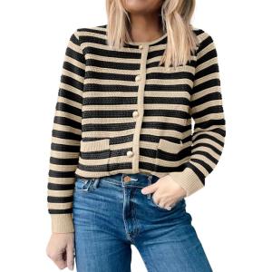 ANRABESS Womens Cardigan Sweater Long Sleeve Button Down Lady Tweed Knit Jackets 2025 Fall Outfits(Black Apricot Strip)