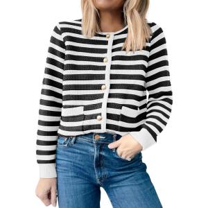 ANRABESS Womens Cardigan Sweater Long Sleeve Button Down Lady Tweed Knit Jackets 2025 Fall Outfits(Black White Strip)