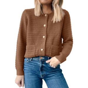 ANRABESS Womens Cardigan Sweater Long Sleeve Button Down Lady Tweed Knit Jackets 2025 Fall Outfits(Brown)