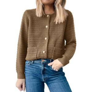 ANRABESS Womens Cardigan Sweater Long Sleeve Button Down Lady Tweed Knit Jackets 2025 Fall Outfits(Deep Khaki)
