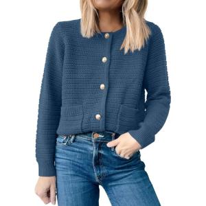ANRABESS Womens Cardigan Sweater Long Sleeve Button Down Lady Tweed Knit Jackets 2025 Fall Outfits(Dusty Blue)