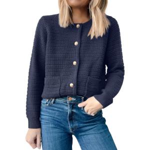 ANRABESS Womens Cardigan Sweater Long Sleeve Button Down Lady Tweed Knit Jackets 2025 Fall Outfits(Navy Blue)