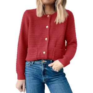 ANRABESS Womens Cardigan Sweater Long Sleeve Button Down Lady Tweed Knit Jackets 2025 Fall Outfits(Red)