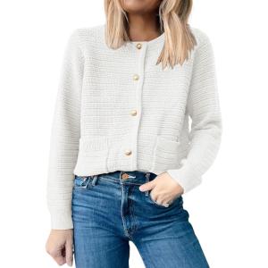 ANRABESS Womens Cardigan Sweater Long Sleeve Button Down Lady Tweed Knit Jackets 2025 Fall Outfits(White)