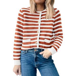 ANRABESS Womens Cardigan Sweater Long Sleeve Button Down Lady Tweed Knit Jackets 2025 Fall Outfits(White Orange Strip)