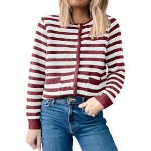 ANRABESS Womens Cardigan Sweater Long Sleeve Button Down Lady Tweed Knit Jackets 2025 Fall Outfits(White Red Strip)