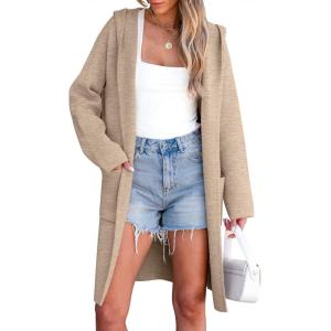ANRABESS Womens Cardigan Sweater Oversized Coatigan Knitted Hooded Coat 2025 Fall Outfits Outwear(Light Khaki)