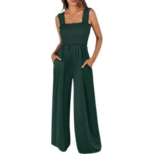 ANRABESS Womens Casual Summer Jumpsuits Smocked Sleeveless Wide Leg Long Romper Jumpers 2025 Beach Vacation Outfits(Deep Green)