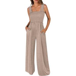 ANRABESS Womens Casual Summer Jumpsuits Smocked Sleeveless Wide Leg Long Romper Jumpers 2025 Beach Vacation Outfits(Taupe)