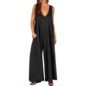 ANRABESS Women’s Casual Summer Loose Jumpsuits Sleeveless Tank V Neck Wide Leg Long Pant Rompers Baggy Jumper with Pockets(Black)