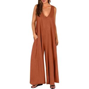 ANRABESS Women’s Casual Summer Loose Jumpsuits Sleeveless Tank V Neck Wide Leg Long Pant Rompers Baggy Jumper with Pockets(Brick Red)