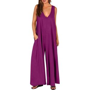 ANRABESS Women’s Casual Summer Loose Jumpsuits Sleeveless Tank V Neck Wide Leg Long Pant Rompers Baggy Jumper with Pockets(Dark Purple)