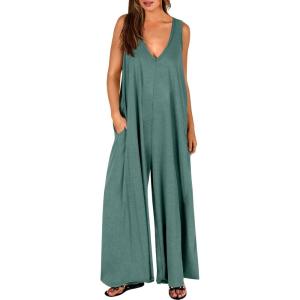 ANRABESS Women’s Casual Summer Loose Jumpsuits Sleeveless Tank V Neck Wide Leg Long Pant Rompers Baggy Jumper with Pockets(Green)