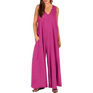 ANRABESS Women’s Casual Summer Loose Jumpsuits Sleeveless Tank V Neck Wide Leg Long Pant Rompers Baggy Jumper with Pockets(Hot Pink)