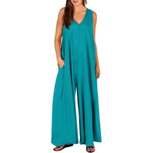 ANRABESS Women’s Casual Summer Loose Jumpsuits Sleeveless Tank V Neck Wide Leg Long Pant Rompers Baggy Jumper with Pockets(Lake Green)