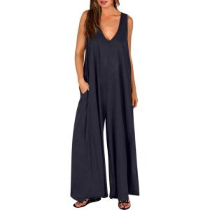 ANRABESS Women’s Casual Summer Loose Jumpsuits Sleeveless Tank V Neck Wide Leg Long Pant Rompers Baggy Jumper with Pockets(Navy Blue)