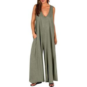 ANRABESS Women’s Casual Summer Loose Jumpsuits Sleeveless Tank V Neck Wide Leg Long Pant Rompers Baggy Jumper with Pockets(Olive)