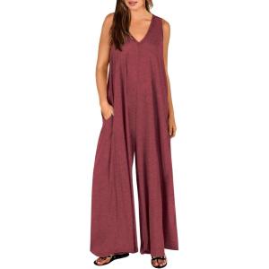 ANRABESS Women’s Casual Summer Loose Jumpsuits Sleeveless Tank V Neck Wide Leg Long Pant Rompers Baggy Jumper with Pockets(Red)