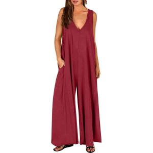 ANRABESS Women’s Casual Summer Loose Jumpsuits Sleeveless Tank V Neck Wide Leg Long Pant Rompers Baggy Jumper with Pockets(Wine Red)
