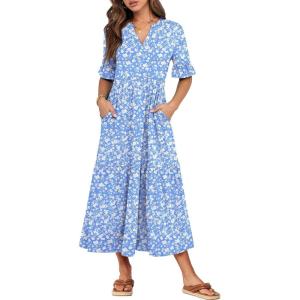 ANRABESS Women’s Casual Summer Ruffle Short Sleeve T Shirts Maxi Dress 2025 Fall V Neck Flowy Tiered Boho Beach Dresses(Blue Floral)