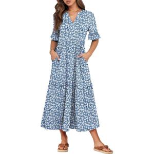 ANRABESS Women’s Casual Summer Ruffle Short Sleeve T Shirts Maxi Dress 2025 Fall V Neck Flowy Tiered Boho Beach Dresses(Blue White Floral)
