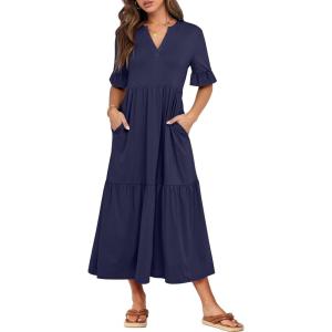 ANRABESS Women’s Casual Summer Ruffle Short Sleeve T Shirts Maxi Dress 2025 Fall V Neck Flowy Tiered Boho Beach Dresses(Dark Blue)
