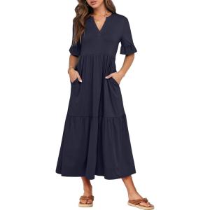 ANRABESS Women’s Casual Summer Ruffle Short Sleeve T Shirts Maxi Dress 2025 Fall V Neck Flowy Tiered Boho Beach Dresses(Navy Blue)