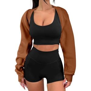 ANRABESS Womens Cropped Sweatshirt Long Sleeve Bolero Cardigan Open Front Shrug Workout Thumb Hole Y2K Tops Preppy Clothes(Caramel)