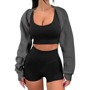 ANRABESS Womens Cropped Sweatshirt Long Sleeve Bolero Cardigan Open Front Shrug Workout Thumb Hole Y2K Tops Preppy Clothes(Dark Grey)