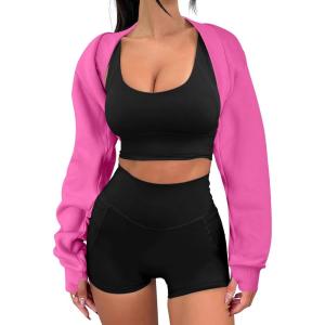 ANRABESS Womens Cropped Sweatshirt Long Sleeve Bolero Cardigan Open Front Shrug Workout Thumb Hole Y2K Tops Preppy Clothes(Hot Pink)