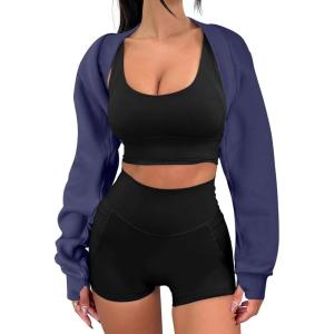 ANRABESS Womens Cropped Sweatshirt Long Sleeve Bolero Cardigan Open Front Shrug Workout Thumb Hole Y2K Tops Preppy Clothes(Navy Blue)