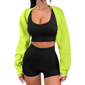 ANRABESS Womens Cropped Sweatshirt Long Sleeve Bolero Cardigan Open Front Shrug Workout Thumb Hole Y2K Tops Preppy Clothes(Neon Green)